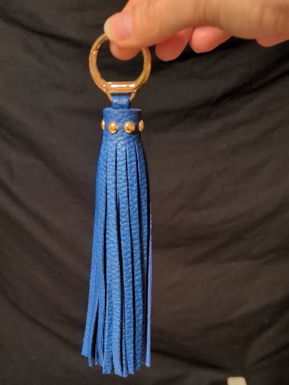 Blue Faux Leather Tassel Keychain Gold Stud Accents Gold Ring